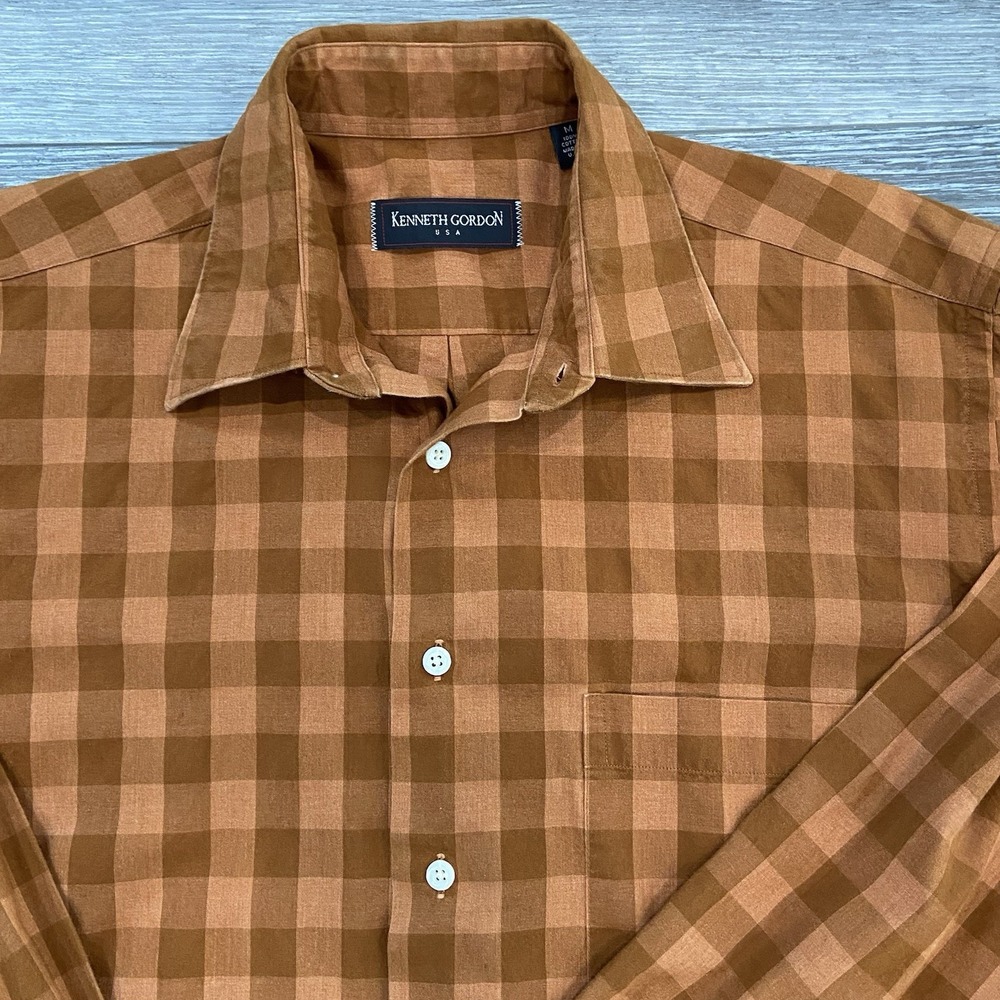 Kenneth Gordon USA Mens Brown Gingham Check Cotton Button Down‎ Shirt Size M